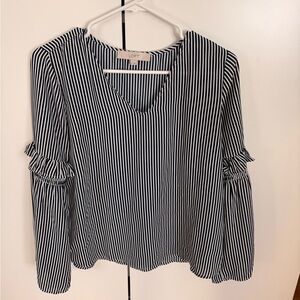 LOFT Women's Navy and White Striped Ruffle Sleeve Blouse